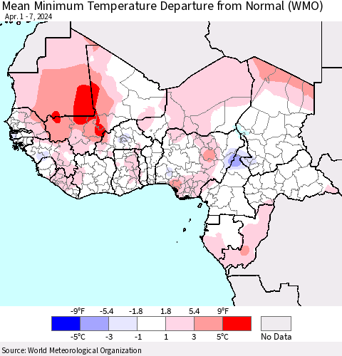 Western Africa Mean Minimum Temperature Departure from Normal (WMO) Thematic Map For 4/1/2024 - 4/7/2024