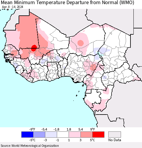 Western Africa Mean Minimum Temperature Departure from Normal (WMO) Thematic Map For 4/8/2024 - 4/14/2024