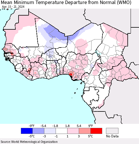 Western Africa Mean Minimum Temperature Departure from Normal (WMO) Thematic Map For 4/15/2024 - 4/21/2024