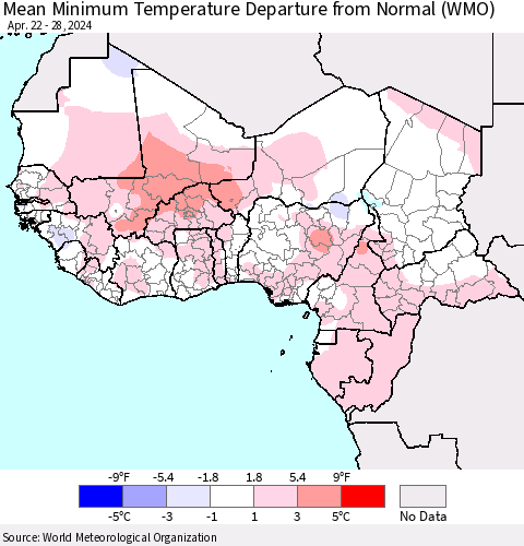 Western Africa Mean Minimum Temperature Departure from Normal (WMO) Thematic Map For 4/22/2024 - 4/28/2024