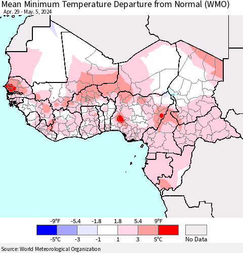Western Africa Mean Minimum Temperature Departure from Normal (WMO) Thematic Map For 4/29/2024 - 5/5/2024