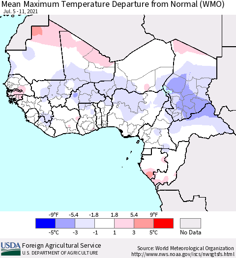 Western Africa Mean Maximum Temperature Departure from Normal (WMO) Thematic Map For 7/5/2021 - 7/11/2021