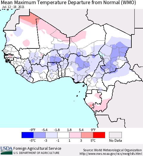 Western Africa Mean Maximum Temperature Departure from Normal (WMO) Thematic Map For 7/12/2021 - 7/18/2021