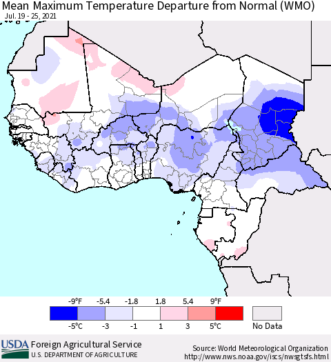Western Africa Mean Maximum Temperature Departure from Normal (WMO) Thematic Map For 7/19/2021 - 7/25/2021