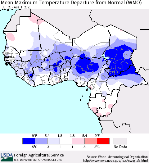Western Africa Mean Maximum Temperature Departure from Normal (WMO) Thematic Map For 7/26/2021 - 8/1/2021