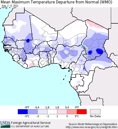 Western Africa Mean Maximum Temperature Departure from Normal (WMO) Thematic Map For 8/2/2021 - 8/8/2021