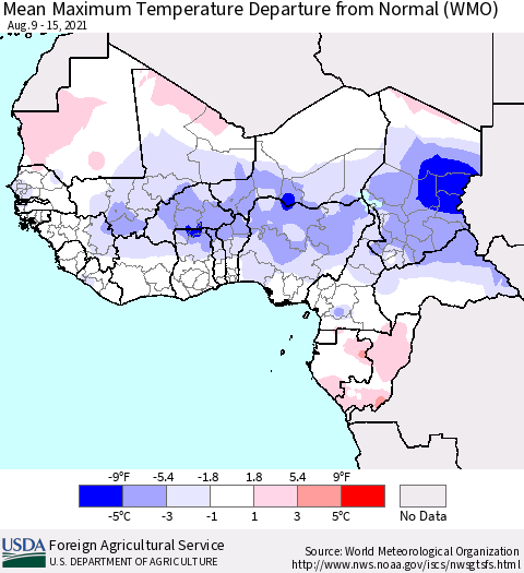 Western Africa Mean Maximum Temperature Departure from Normal (WMO) Thematic Map For 8/9/2021 - 8/15/2021