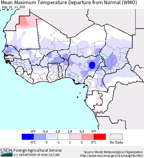Western Africa Mean Maximum Temperature Departure from Normal (WMO) Thematic Map For 8/16/2021 - 8/22/2021