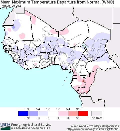 Western Africa Mean Maximum Temperature Departure from Normal (WMO) Thematic Map For 8/23/2021 - 8/29/2021