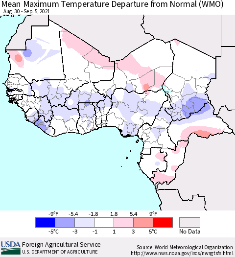 Western Africa Mean Maximum Temperature Departure from Normal (WMO) Thematic Map For 8/30/2021 - 9/5/2021