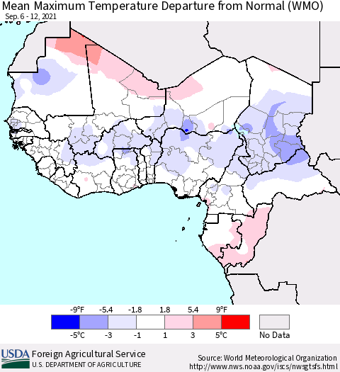 Western Africa Mean Maximum Temperature Departure from Normal (WMO) Thematic Map For 9/6/2021 - 9/12/2021