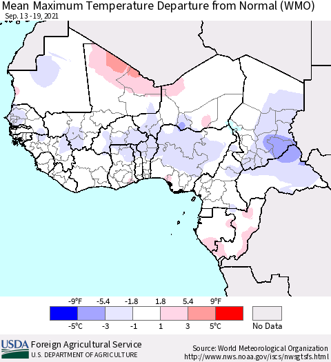 Western Africa Mean Maximum Temperature Departure from Normal (WMO) Thematic Map For 9/13/2021 - 9/19/2021