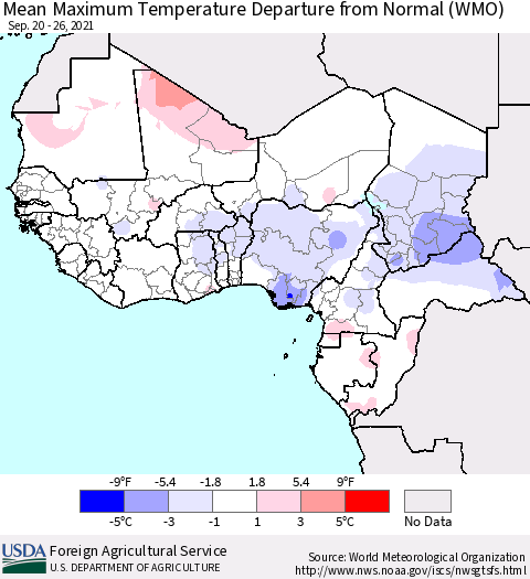 Western Africa Mean Maximum Temperature Departure from Normal (WMO) Thematic Map For 9/20/2021 - 9/26/2021