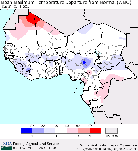 Western Africa Mean Maximum Temperature Departure from Normal (WMO) Thematic Map For 9/27/2021 - 10/3/2021