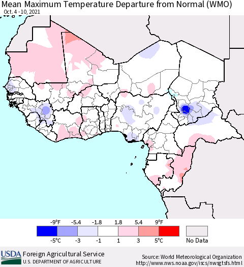 Western Africa Mean Maximum Temperature Departure from Normal (WMO) Thematic Map For 10/4/2021 - 10/10/2021