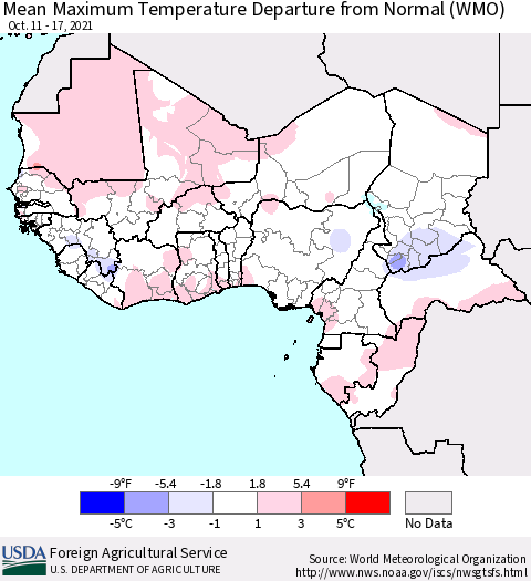 Western Africa Mean Maximum Temperature Departure from Normal (WMO) Thematic Map For 10/11/2021 - 10/17/2021