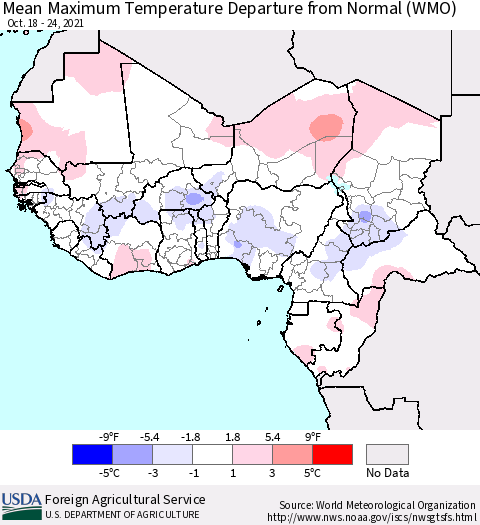 Western Africa Mean Maximum Temperature Departure from Normal (WMO) Thematic Map For 10/18/2021 - 10/24/2021