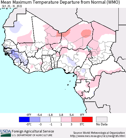 Western Africa Mean Maximum Temperature Departure from Normal (WMO) Thematic Map For 10/25/2021 - 10/31/2021