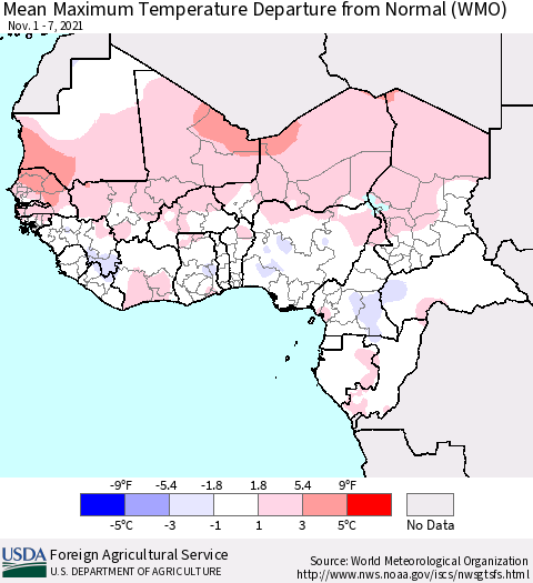 Western Africa Mean Maximum Temperature Departure from Normal (WMO) Thematic Map For 11/1/2021 - 11/7/2021