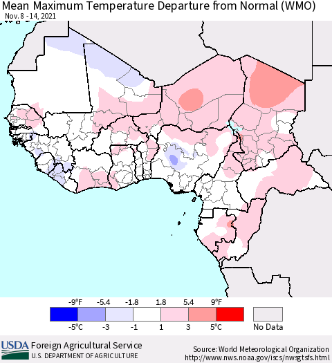 Western Africa Mean Maximum Temperature Departure from Normal (WMO) Thematic Map For 11/8/2021 - 11/14/2021