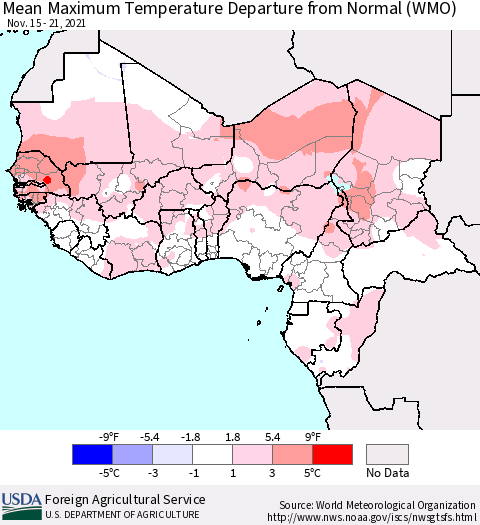 Western Africa Mean Maximum Temperature Departure from Normal (WMO) Thematic Map For 11/15/2021 - 11/21/2021