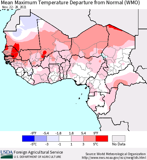Western Africa Mean Maximum Temperature Departure from Normal (WMO) Thematic Map For 11/22/2021 - 11/28/2021