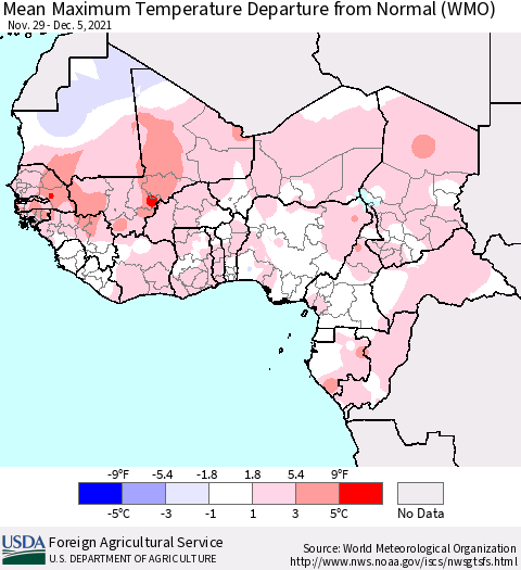 Western Africa Mean Maximum Temperature Departure from Normal (WMO) Thematic Map For 11/29/2021 - 12/5/2021
