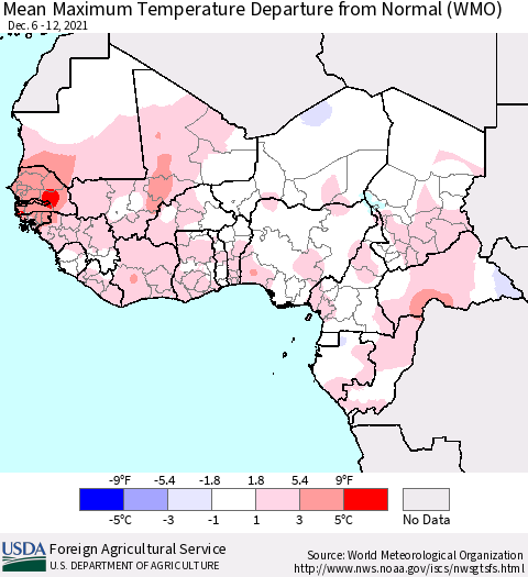 Western Africa Mean Maximum Temperature Departure from Normal (WMO) Thematic Map For 12/6/2021 - 12/12/2021