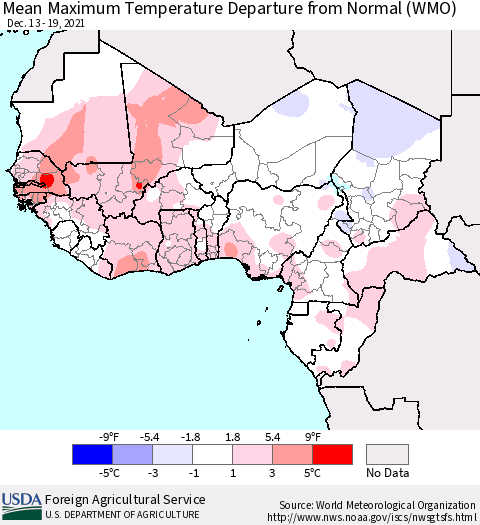 Western Africa Mean Maximum Temperature Departure from Normal (WMO) Thematic Map For 12/13/2021 - 12/19/2021