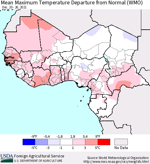 Western Africa Mean Maximum Temperature Departure from Normal (WMO) Thematic Map For 12/20/2021 - 12/26/2021