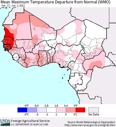 Western Africa Mean Maximum Temperature Departure from Normal (WMO) Thematic Map For 12/27/2021 - 1/2/2022