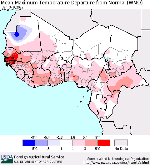 Western Africa Mean Maximum Temperature Departure from Normal (WMO) Thematic Map For 1/3/2022 - 1/9/2022