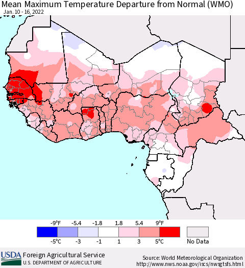 Western Africa Mean Maximum Temperature Departure from Normal (WMO) Thematic Map For 1/10/2022 - 1/16/2022