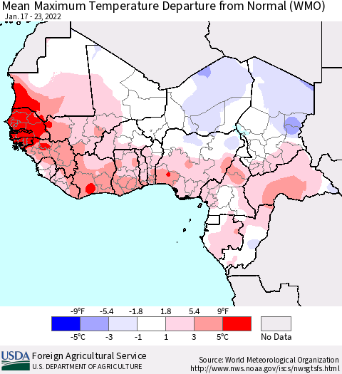 Western Africa Mean Maximum Temperature Departure from Normal (WMO) Thematic Map For 1/17/2022 - 1/23/2022