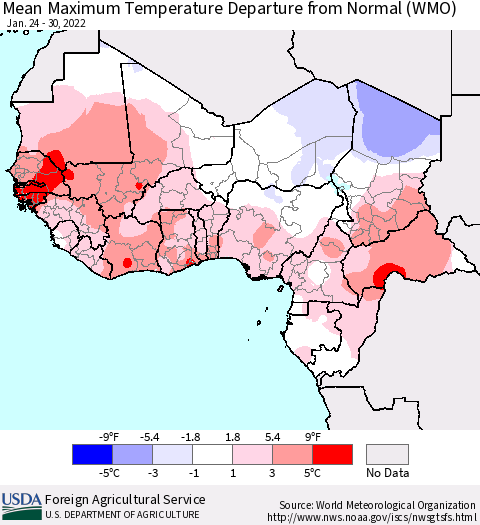 Western Africa Mean Maximum Temperature Departure from Normal (WMO) Thematic Map For 1/24/2022 - 1/30/2022