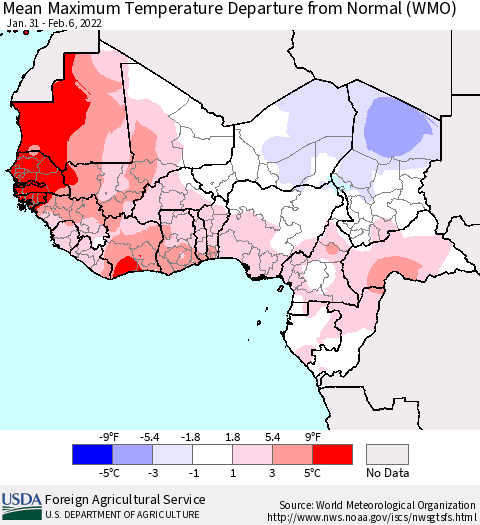 Western Africa Mean Maximum Temperature Departure from Normal (WMO) Thematic Map For 1/31/2022 - 2/6/2022