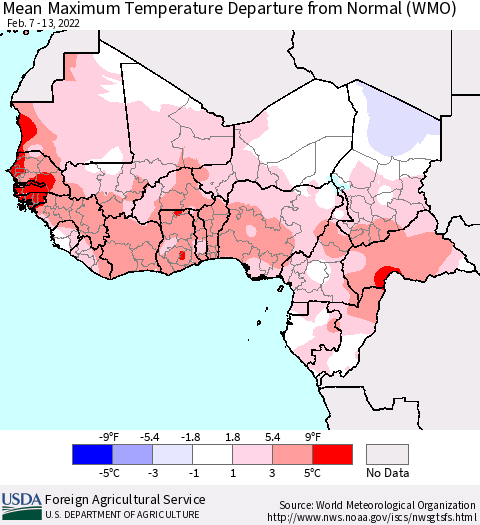 Western Africa Mean Maximum Temperature Departure from Normal (WMO) Thematic Map For 2/7/2022 - 2/13/2022