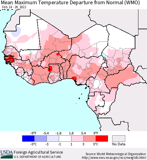 Western Africa Mean Maximum Temperature Departure from Normal (WMO) Thematic Map For 2/14/2022 - 2/20/2022