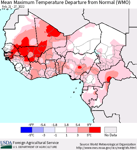 Western Africa Mean Maximum Temperature Departure from Normal (WMO) Thematic Map For 2/21/2022 - 2/27/2022