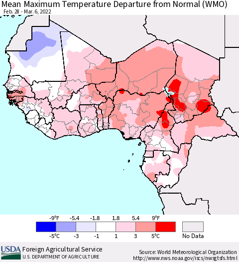 Western Africa Mean Maximum Temperature Departure from Normal (WMO) Thematic Map For 2/28/2022 - 3/6/2022