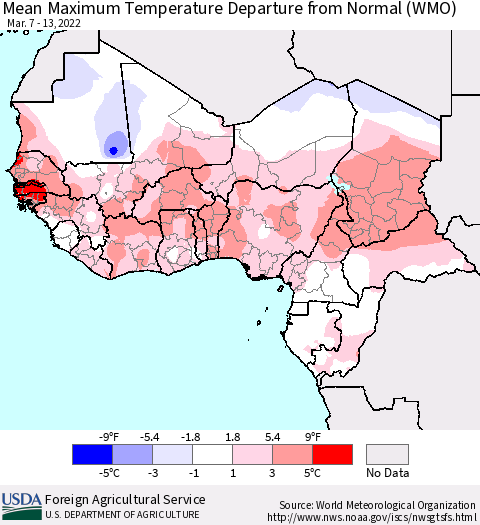 Western Africa Mean Maximum Temperature Departure from Normal (WMO) Thematic Map For 3/7/2022 - 3/13/2022