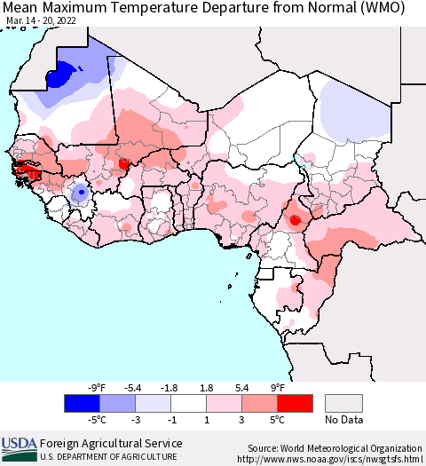 Western Africa Mean Maximum Temperature Departure from Normal (WMO) Thematic Map For 3/14/2022 - 3/20/2022