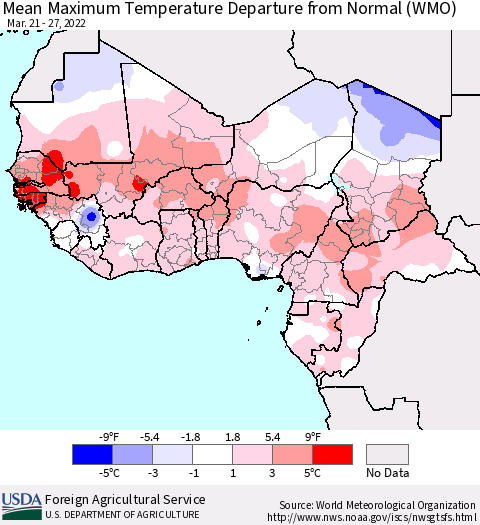 Western Africa Mean Maximum Temperature Departure from Normal (WMO) Thematic Map For 3/21/2022 - 3/27/2022