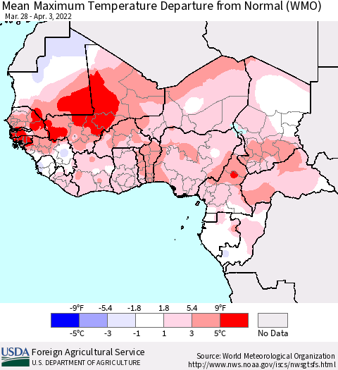 Western Africa Mean Maximum Temperature Departure from Normal (WMO) Thematic Map For 3/28/2022 - 4/3/2022