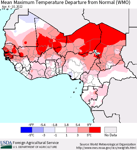Western Africa Mean Maximum Temperature Departure from Normal (WMO) Thematic Map For 4/4/2022 - 4/10/2022