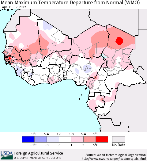 Western Africa Mean Maximum Temperature Departure from Normal (WMO) Thematic Map For 4/11/2022 - 4/17/2022