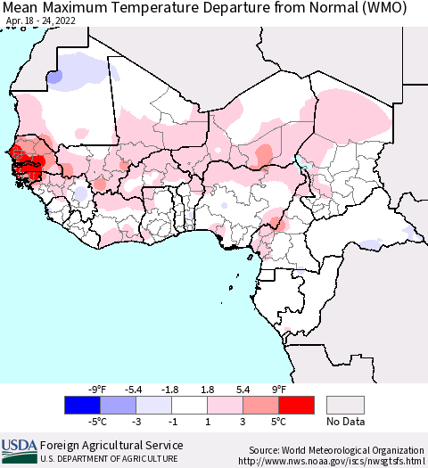 Western Africa Mean Maximum Temperature Departure from Normal (WMO) Thematic Map For 4/18/2022 - 4/24/2022
