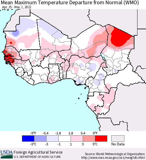 Western Africa Mean Maximum Temperature Departure from Normal (WMO) Thematic Map For 4/25/2022 - 5/1/2022