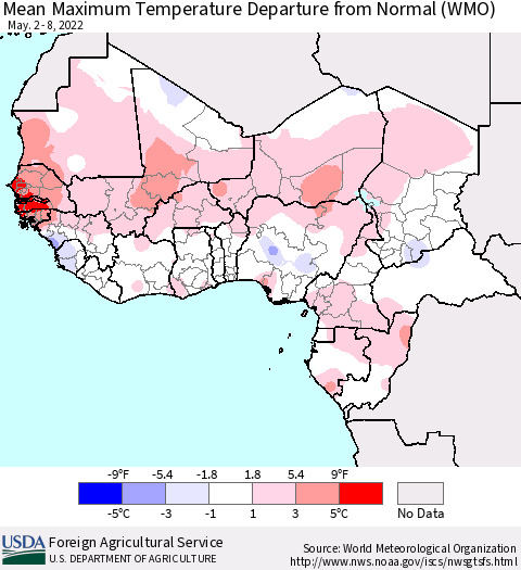 Western Africa Mean Maximum Temperature Departure from Normal (WMO) Thematic Map For 5/2/2022 - 5/8/2022