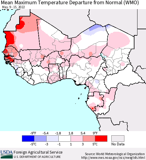 Western Africa Mean Maximum Temperature Departure from Normal (WMO) Thematic Map For 5/9/2022 - 5/15/2022